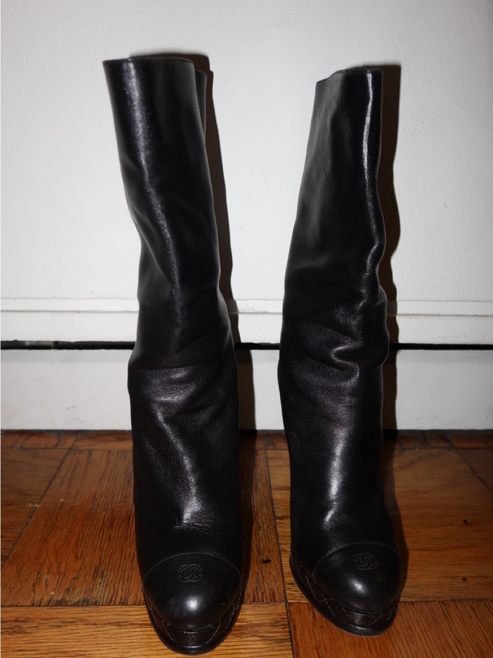 Chanel Interlocking CC Leather Boots High Heel Size 39.5